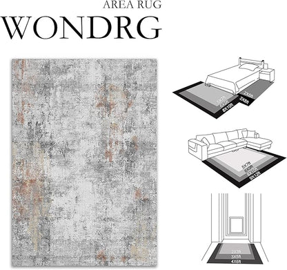 5x7 Washable Area Rug Grey Rust Abstract Living Room Bedroom Carpet Neutral Modern Non-Slip Soft Low Pile Lightweight Vacuumable Throw Rug for Dining Room Entryway