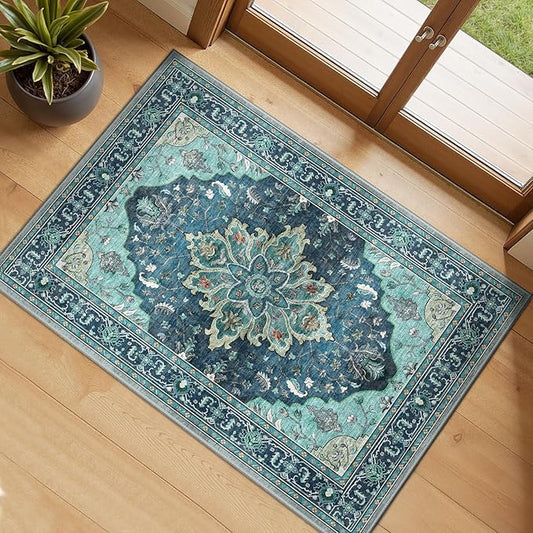 Area Rugs 2'x3' Washable Non-Slip, Floral Vintage Distress Print Pattern Medallion Carpet for Living Room Bedroom Dining Room, Teal Green Lake Blue Turquoise