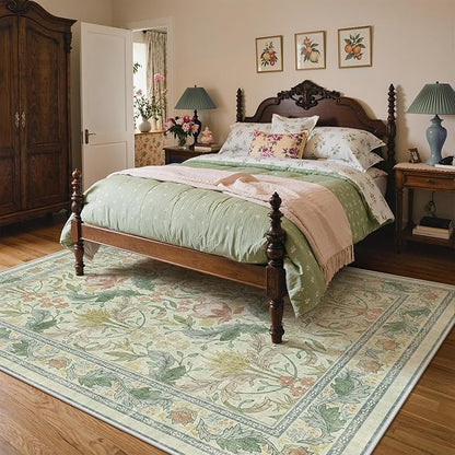 Bavni 8x10 Area Rugs for Living Room, Microfiber Machine Washable Non-Slip Vintage Floral Rug, Low Pile Lightweight Carpet for Bedroom, Dining Room, Home Office, Beige&Green