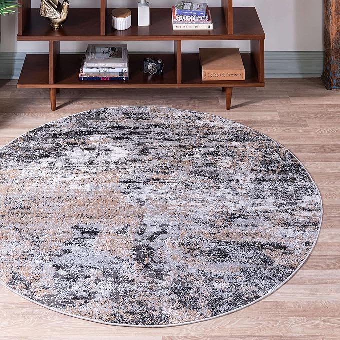 Rugs.com Leipzig Collection Round Rug – 6 Ft Round Beige Low-Pile Rug Perfect for Kitchens, Dining Rooms