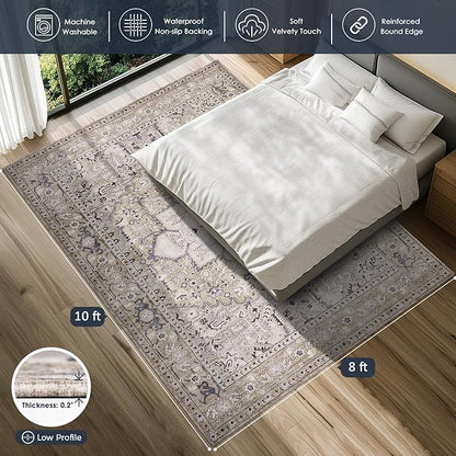 PURRUGS Vintage Farmhouse Boho Large Area Rug 8x10 ft, Non-Slip Machine Washable Rug, Accent Oriental Rug for Living Room, Dining Room, Bedroom, Entryway and Kitchen, Taupe/Vanilla
