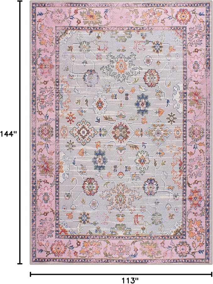 GLN Rugs Traditional Collection - Machine Washable Area Rug, Traditional Washable, Non Slip, Low Pile Chenille Rug, Living Room, Bedroom, Kitchen Rug (9' x 12' Pink/Blue/Multicolor)