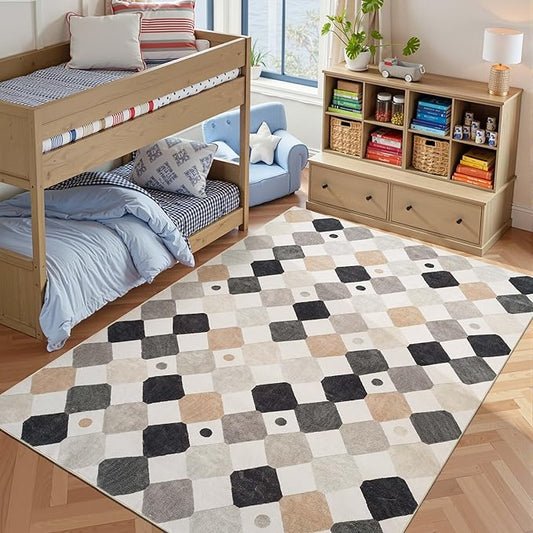 jinchan Macy Area Rug 6x9 Kids Washable Indoor Non-Slip Black and White Modern Soft Rug Elementary School Classroom Diamond Carpet for Nursery Playroom Daycare Bedroom Living Room Dorm Marble on Cream