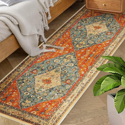 COMSLE Boho Runner Rug, 2' x 6' Washable Rugs for Hallway Faux Wool Small Kitchen Area Rug Distressed Throw Rug Non-Slip Laundry Room Rug Carpet Runner for Entryway Indoor Bedroom