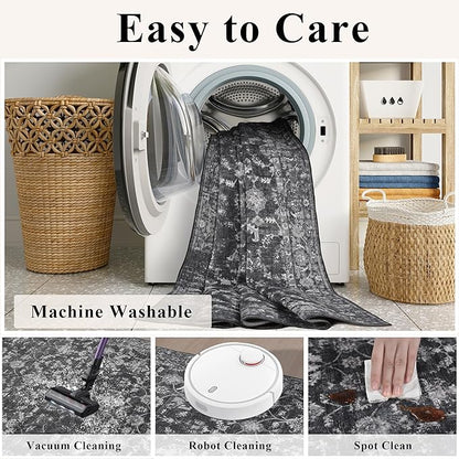 Washable Area Rug 4x6 Black Rugs for Living Room, Vintage Boho Large Rug for Bedroom Dining Room Office, Distressed Floral Print Carpet for Under Table, Soft Non Slip Low Pile Throw Carpet Indoor Mat