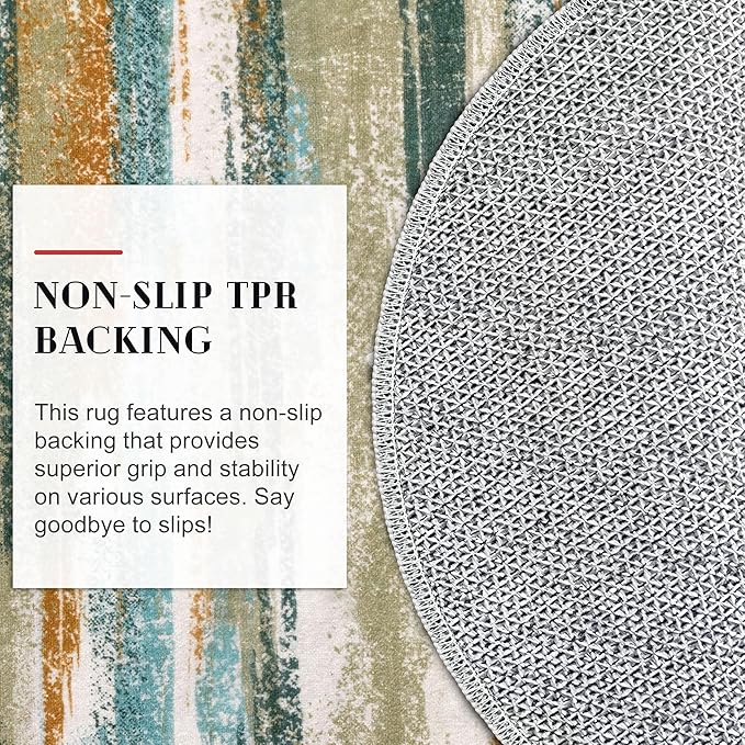 Modern Abstract Round Rug 5Ft, Green Mustard Multi Small Washable Non-Slip Circle Rug, Soft Circular Dining Room Rug Thin Print Faux Wool Carpet for Bedroom Living Room Office Playroom