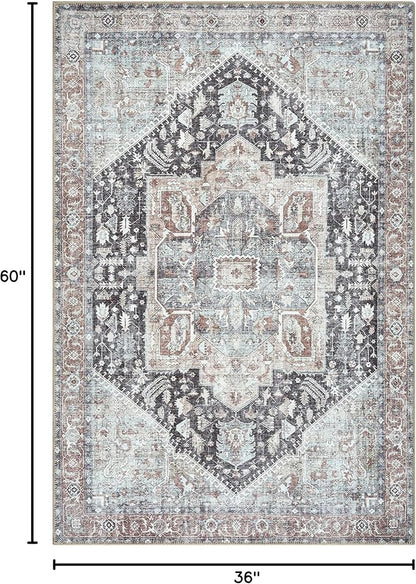 Bloom Rugs Washable Non-Slip 3' x 5' Rug - Charcoal/Brown Traditional Medallion Area Rug for Living Room, Bedroom, Dining Room, and Kitchen - Exact Size: 3' x 5'