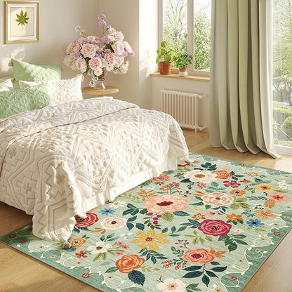 DUKINO 5x7 Area Rug, Floral Rugs for Living Room, Lightweight Non Slip Washable Rug, Indoor Low Pile & Non-Shedding Boho Design Rugs for Bedroom, Living Room, Dining Room, Green