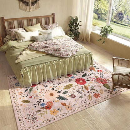 5x7 Washable Rug for Living Room, Pink Floral Area Rug, Non Slip Low Pile Soft Flower Carpet, Large Rugs for Bedroom, Dining Room, Office, Kids Playroom, Nursery, Pink/Beige