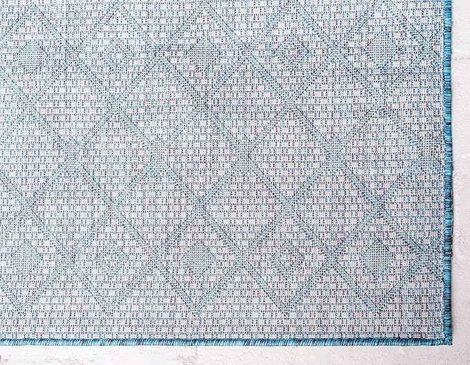 Unique Loom Outdoor Trellis Collection Area Rug - Tribal Trellis (2' x 8' Runner, Teal/ Ivory)