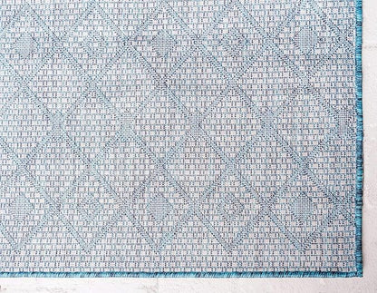 Unique Loom Outdoor Trellis Collection Area Rug - Tribal Trellis (2' x 8' Runner, Teal/ Ivory)