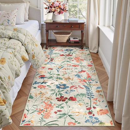 Floral Runner Rug 2x6 Washable Hallway Long Beige Bedroom Carpet Non Slip Indoor Boho Kitchen Low Pile Accent Rug Lightweight Soft for Bathroom Dining Laundry Living Room