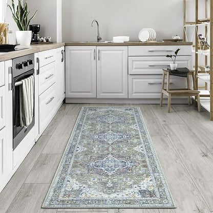 Bloom Rugs Washable Non-Slip 7 ft Runner - Green/Blue Traditional Medallion Runner for Entryway, Hallway, Bathroom, and Kitchen - Exact Size: 2.5' x 7'