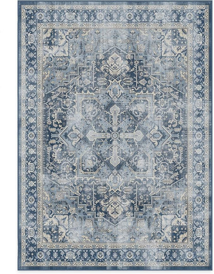 RUGGABLE Washable Area Rug – Kamran Admiral Blue 5x7, Stain-Resistant, Non-Slip – Medium Machine Washable Rugs for Living Room, Bedroom, Hallway, Entryway & Office–with Cushioned Pad