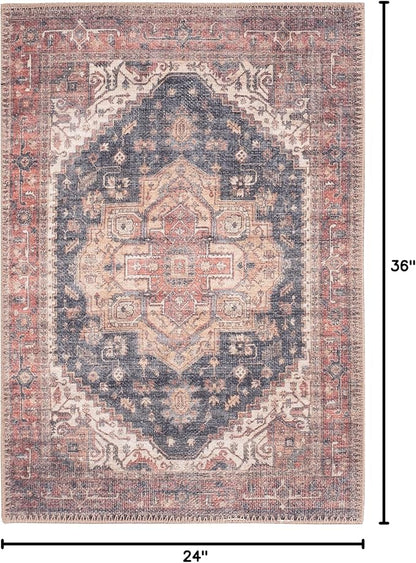 GLN Rugs Traditional Collection - Machine Washable Area Rug, Traditional Washable, Non Slip, Low Pile Chenille Rug, Living Room, Bedroom, Kitchen Rug (2' x 3' Black/Terra)