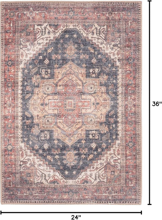 GLN Rugs Traditional Collection - Machine Washable Area Rug, Traditional Washable, Non Slip, Low Pile Chenille Rug, Living Room, Bedroom, Kitchen Rug (2' x 3' Black/Terra)