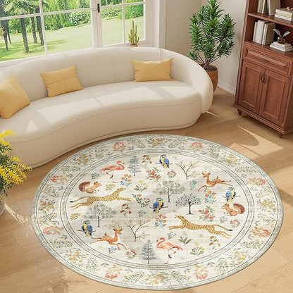 DUKINO 6ft Round Rug for Bedroom, Animal Print Washable Circle Rug with Low Pile Design, Soft Indoor Floor Non Slip Carpet for Entryway, Living Room, Office, Dining Room, Beige