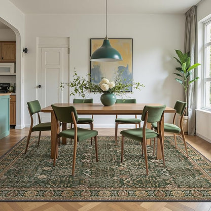 Bavni Washable Rugs 8x10-Machine Washable Rug Lightweight Low Pile, Vintage Floral Rug Non-Shedding Distressed Throw Carpet for Living Room Bedroom Office, Dark Green/Multi