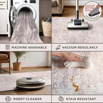 Washale Modern Bedroom 4x6 Area Rugs - Pink and Grey Rug for Living Room, Kitchen, Non Slip & Soft, Medallion Distressed Print Pattern
