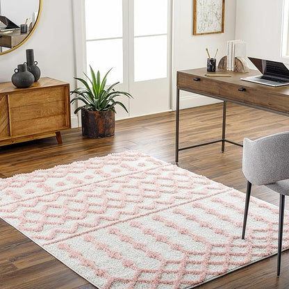 Hauteloom Tilos Moroccan Farmhouse Living Room Bedroom Nursery Shag Area Rug - Shaggy Carpet - Trellis Pattern - High Plush Pile - Cream, Pink, Beige - 5'3" x 7'