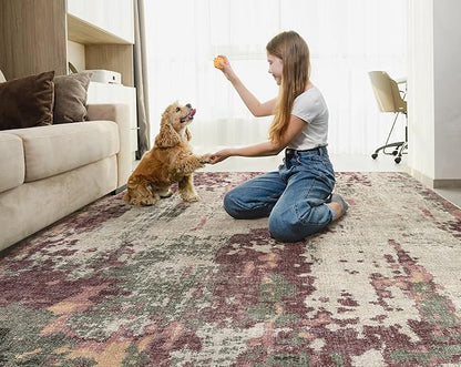 5x8 Area Rug Living Room Rugs - Washable Neutral Modern Abstract Soft Thin Rug Indoor Floor No Slip Rug Carpet for Bedroom Under Dining Table Home Office Decor - Purple/Green/Beige