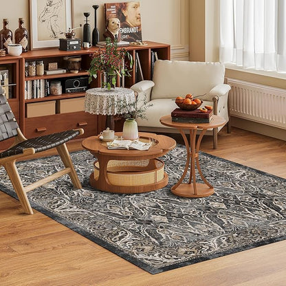Washable Area Rug 9' x 12' Vintage Traditional Persian Mat - Foldable Distressed Non-Slip Machine Washable Carpet for Living Room Bedroom Kitchen Home Decor - Ebony and Taupe