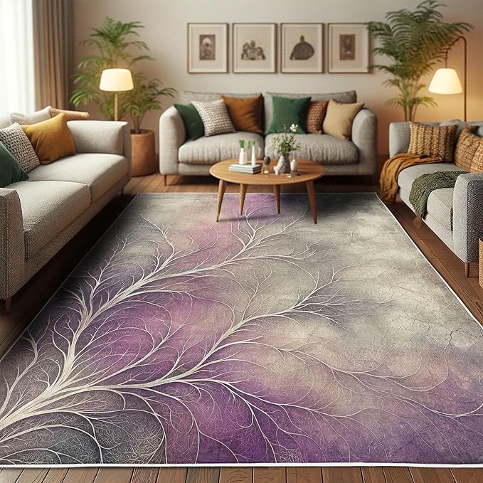 Ambesonne Branches Decorative Rug, Modern Abstract Concept Dreamy Clouds Back Leafless Tree Silhouette, Quality Carpet for Bedroom Dorm and Living Room, 4' X 5' 5", Pale Purple Grey Mauve