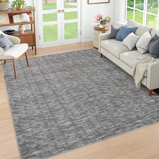 RUGSREAL Washable Contemporary Area Rug 5x7 Bedroom Large Area Rug Low-Pile Solid Modern Throw Carpet Non-Slip Stain Resistant Home Office Solid Rug for Living Room Bedroom Kids Room, 5' x 7' Grey