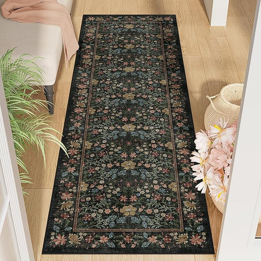 DUKINO 2x6 Runner Rug for Hallway, Washable Vintage Floral Kitchen Rug with Non Slip Backing, Soft Low Pile Throw Carpet Runner for Kitchen, Laundry, Hallway, Bathroom, Black