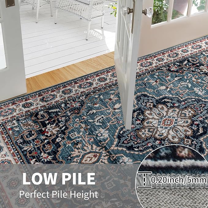 Easy-Going Area Rug 4x6 Medallion Distressed Washable Rugs for Living Room Non-Slip Bedroom Rug Low Pile Lightweight Vintage Retro Throw Rug for Dining Room Kitchen Home Office Carpet, Teal Brick