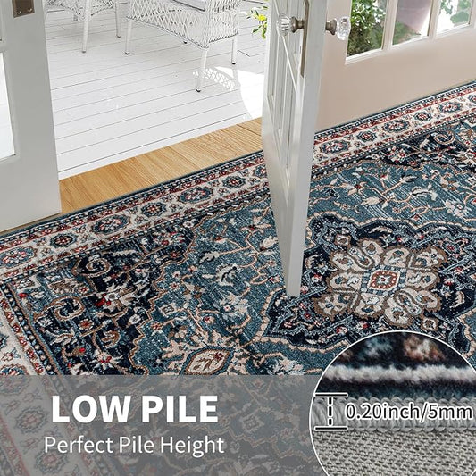 Easy-Going Area Rug 4x6 Medallion Distressed Washable Rugs for Living Room Non-Slip Bedroom Rug Low Pile Lightweight Vintage Retro Throw Rug for Dining Room Kitchen Home Office Carpet, Teal Brick