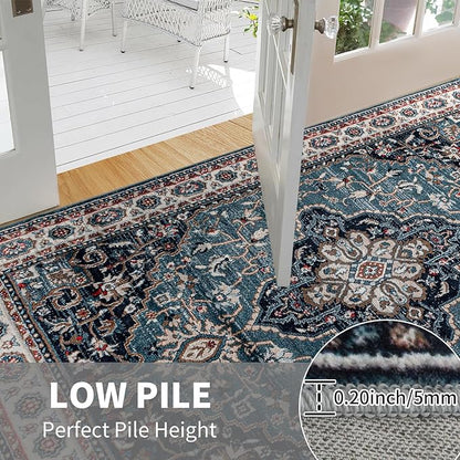 Easy-Going Area Rug 2x3 Washable Medallion Distressed Entryway Rugs Front Door Mat Indoor Entrance Non-Slip Vintage Retro Small Entry Rug for Bedroom Kitchen Bathroom Lightweight Carpet, Teal Brick