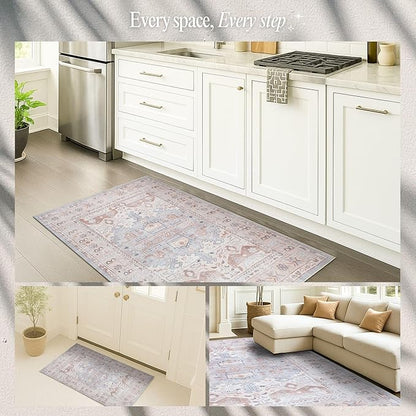 Fame Rugs Turkish Rug. Washable Vintage Oriental Antique Inspired Traditional Doormat Small Modern Area Rugs Luxury Entryway Entry Bedroom Bathroom Kitchen (403CC, 2'5 x 13'1)