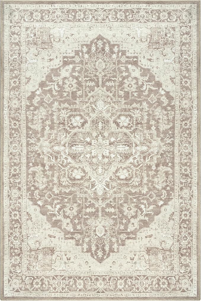 Bloom Rugs Washable Non-Slip 4' x 6' Rug - Light Brown Traditional Medallion Area Rug for Living Room, Bedroom, Dining Room, and Kitchen - Exact Size: 4' x 6'