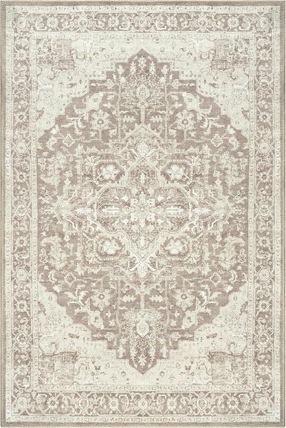 Bloom Rugs Washable Non-Slip 4' x 6' Rug - Light Brown Traditional Medallion Area Rug for Living Room, Bedroom, Dining Room, and Kitchen - Exact Size: 4' x 6'