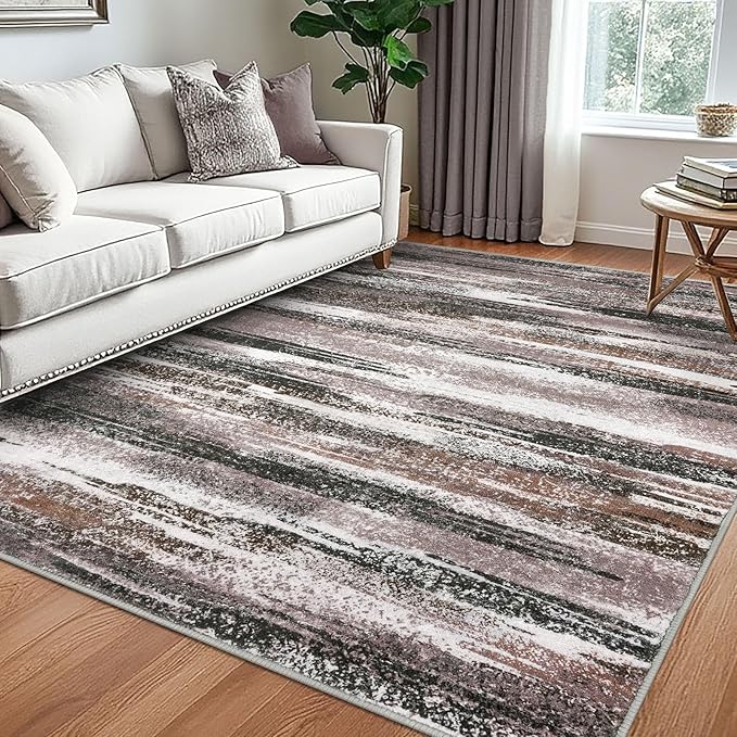 Modern Abstract 5x7 Machine Washable Area Rug Non-Slip Soft Bedroom Living Romm Rug Dark Light Brown White Ultra Thin Print Faux Wool Floor Carpet Throw Rugs for Dining Room Indoor Office