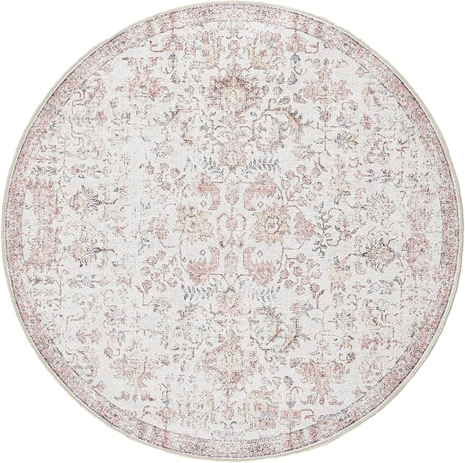 jinchan Kalen Round Rug 5ft Area Rug Washable Vintage Indoor Retro Accent Entryway Floor Cover Distressed Floral 5' Round Circle Boho Non Slip Thin Carpet for Bedroom Living Room Dining Room Red