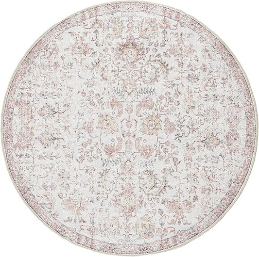 jinchan Kalen Round Rug 5ft Area Rug Washable Vintage Indoor Retro Accent Entryway Floor Cover Distressed Floral 5' Round Circle Boho Non Slip Thin Carpet for Bedroom Living Room Dining Room Red