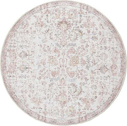 jinchan Kalen Round Rug 4ft Area Rug Washable Vintage Indoor Retro Accent Entryway Floor Cover Distressed Floral 4' Round Circle Boho Non Slip Thin Carpet for Bedroom Living Room Dining Room Red