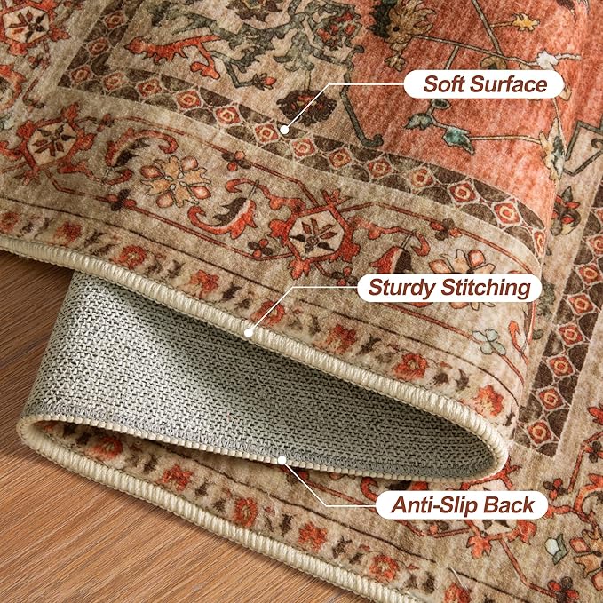 Tangsoo Boho Hallway Runner Rug 2.6x10 Washable Runner Rug for Hallways, Non Slip Vintage Soft Low Pile Long Rug Runner, Oriental Terracotta Carpet Runners for Kitchen Bedroom Entryway Living Room
