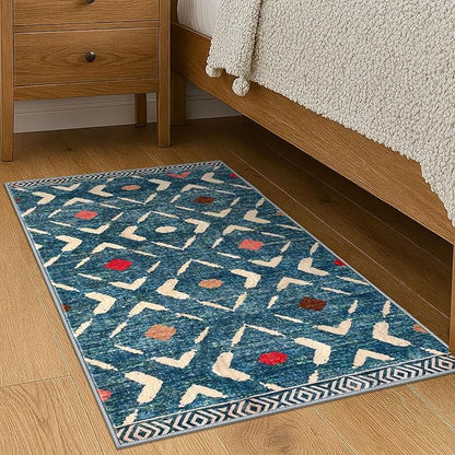 KILOCOCO Small Rug 2'x3' Entryway Rug Printed Moroccan Indoor Door Mat Machine Washable Non Slip Soft Throw Rugs for Bedroom Kitchen Entrance Geometric Boho Rugs, Teal/Blue