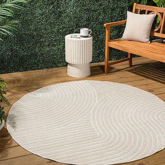 JONATHAN Y Hallie High-Low Curve Ivory/Cream 5' Round Indoor/Outdoor Area Rug, Minimalist, Pet Friendly, Non-Shedding, Stain Resistant, Hose-Washable for Backyard, Patio, Porch (SCN100B-5R)