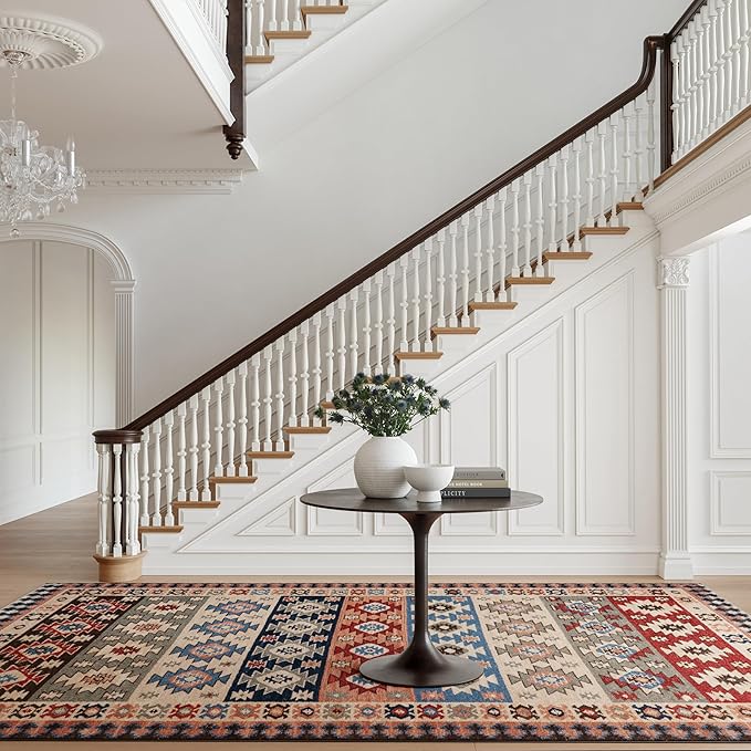 Dash & Albert Balsam Kilim Multi Machine Washable Rug, 7.5 X 9.5 Feet, Red Geometric Pattern