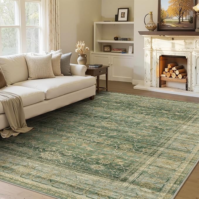 HelloTree Washable Rugs 6x9 Area Rug for Living Room, Vintage Boho Green Rug Non Slip Carpet Retro Accent Indoor Mat Print Distressed Low Pile Throw Large Rug for Office Bedside-Green