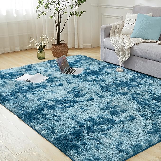 Andency Soft Area Rugs for Living Room Bedroom, 3x5 Non-Slip Fluffy Shag Carpet, Indoor Floor Fuzzy Shaggy Living Room Plush Rug for Kids Dorm Nursery Home Decor Aesthetic, Tie-Dyed Navy Blue