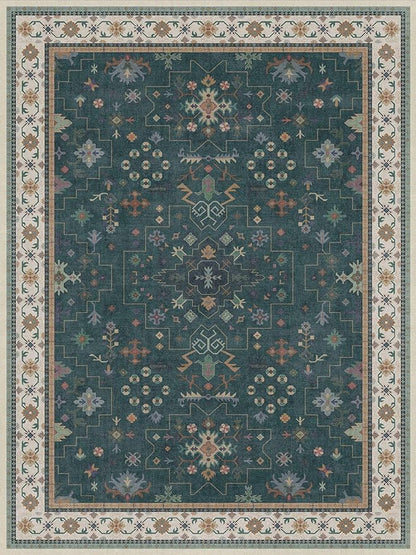 Vintage Dark Green 6x8 Dining Room Rugs for Under Kitchen Table - Washable Livinig Room Rug - Unique Floral Pastel Low Pile Non-Slip Area Rugs for Bedroom