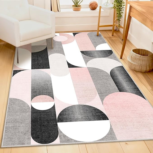 Pink Rug 3x5 Washable Area Rugs for Bedroom Living Room Kitchen Entryway Bedside,Modern Non Slip Carpet,Small Blush Grey Black