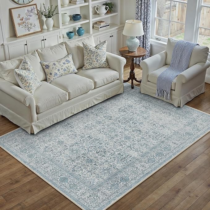 Area Rug 5x7 Blue Washable Living Room Carpet Soft Non Slip Vintage Bedroom Indoor Office Traditional Retro Distressed Thicker Throw Large Rug for Dining Room Bathroom Kitchen