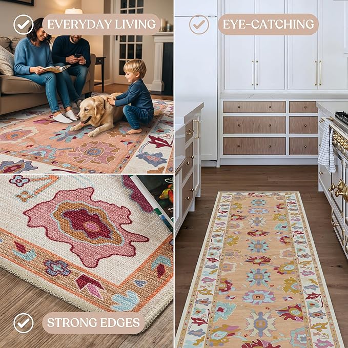 Fame Living Orange Oushak Rug, Modern, Vintage, Turkish, Eclectic, Floral, Pastel, Washable, Oversized, Extra Large Area Rugs for Living Room, Dining, Bedroom, Lounge 9'5"x14'