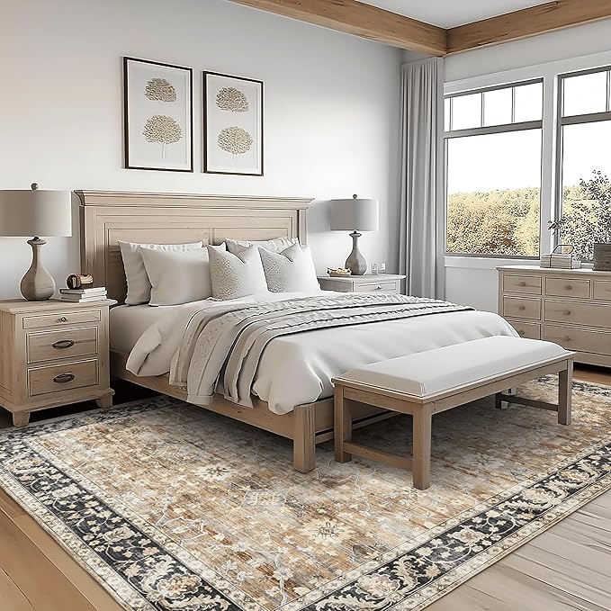 ReaLife Rugs Machine Washable Area Rug - Living Room Bedroom Bathroom Kitchen Entryway Office - Padded Low Pile Stain Resistant Premium - Boho Farmhouse Vintage - BEV - Beige Tan Brown 5' x 7'
